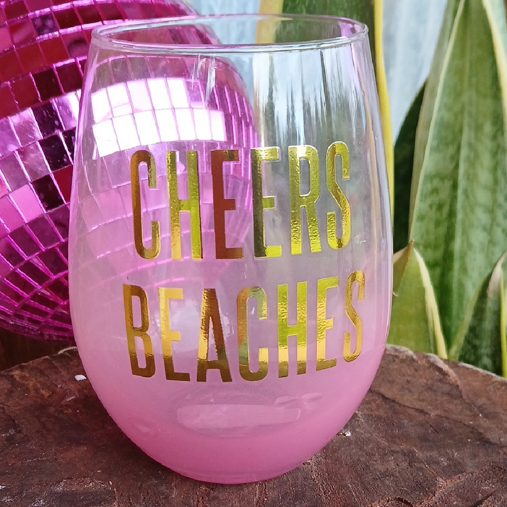 NEW CHEERS BEACHES Pink Stemless Wine Glass with Gold Text Cheeky